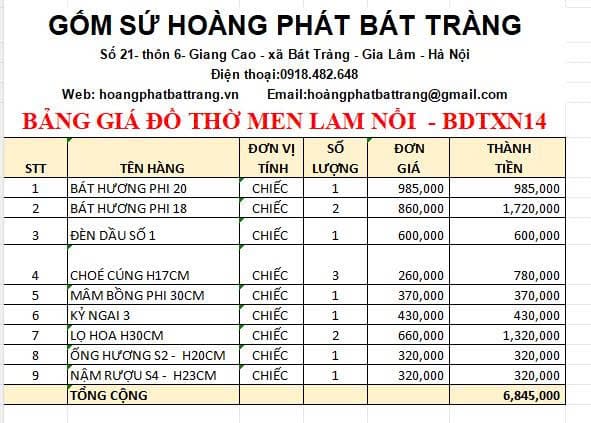 Bộ đồ thờ men xanh nổi Bát Tràng DTXN14