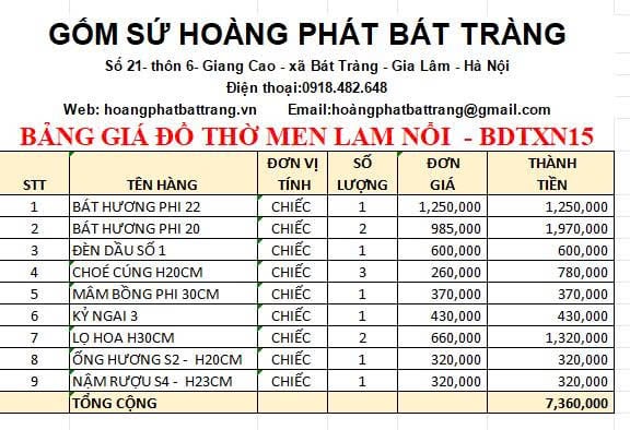 Bộ đồ thờ men xanh nổi Bát Tràng DTXN15