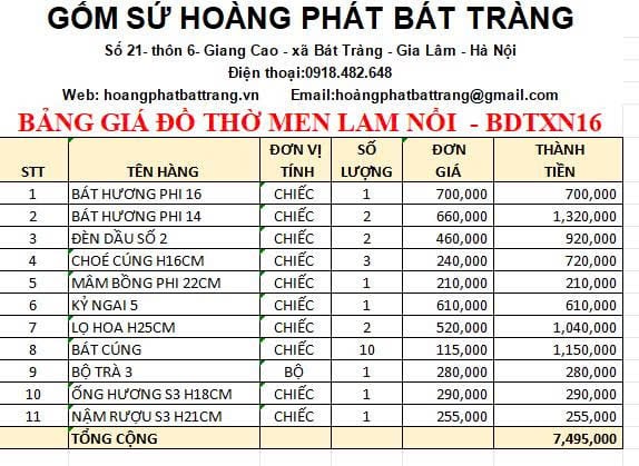 Bộ đồ thờ men xanh nổi Bát Tràng DTXN16