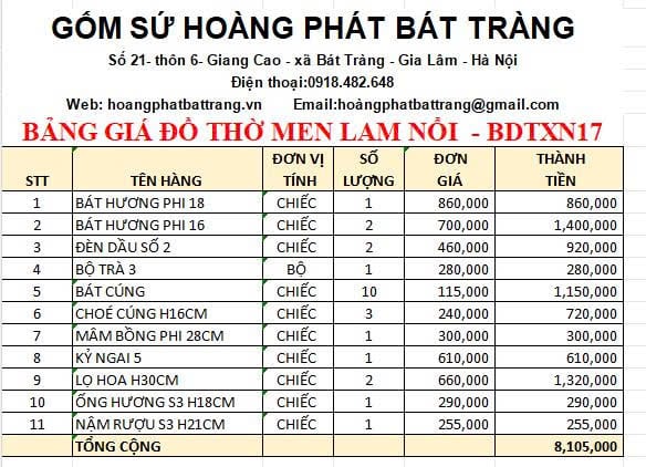 Bộ đồ thờ men xanh nổi Bát Tràng DTXN17