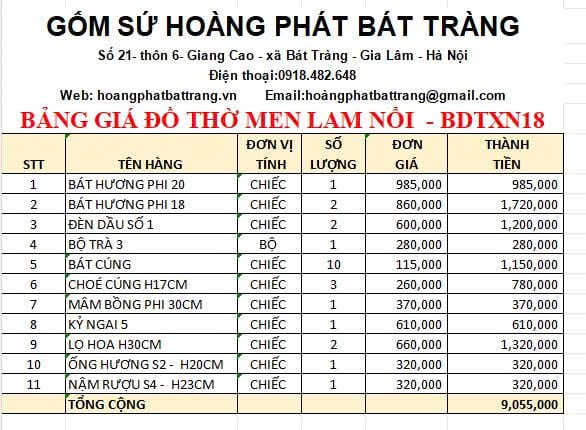 Bộ đồ thờ men xanh nổi Bát Tràng DTXN18