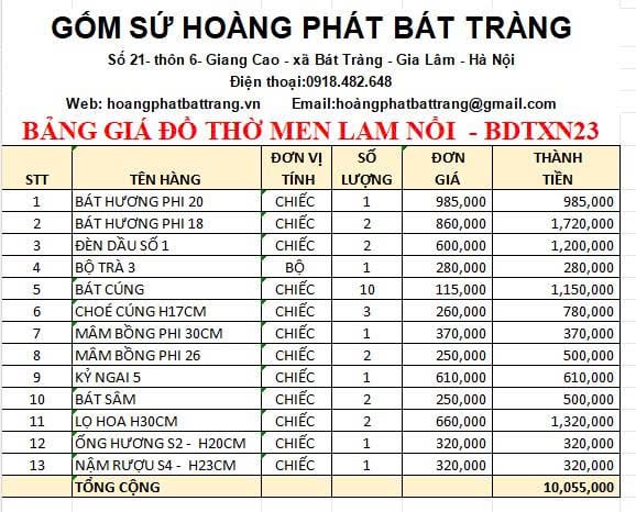 Bộ đồ thờ men xanh nổi Bát Tràng DTXN23