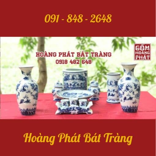 Bộ đồ thờ men lam xanh cổ cho ban thờ Bát Tràng DTX001