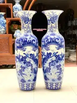 Lục bình sứ Phúc Đức men lam vẽ kỹ hàng khử Bát Tràng