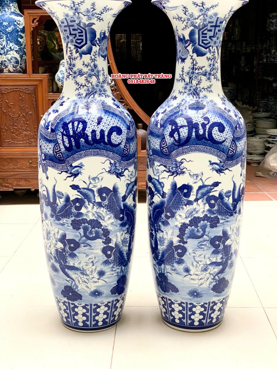 Lục bình sứ Phúc Đức men lam vẽ kỹ hàng khử Bát Tràng