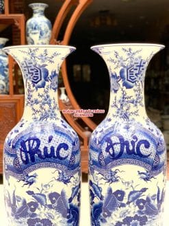 Lục bình sứ Phúc Đức men lam vẽ kỹ hàng khử Bát Tràng