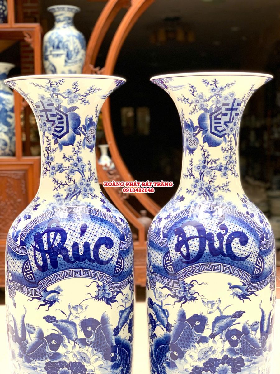 Lục bình sứ Phúc Đức men lam vẽ kỹ hàng khử Bát Tràng