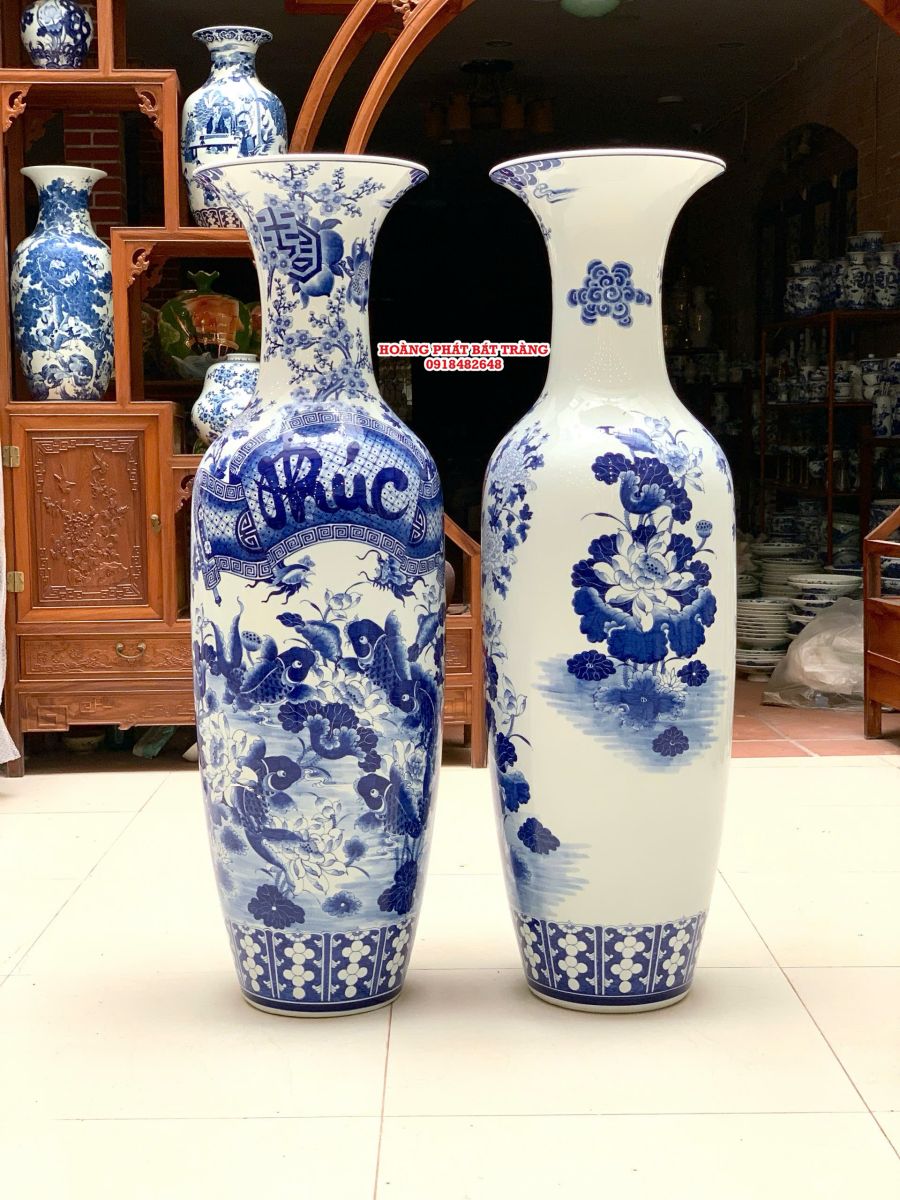 Lục bình sứ Phúc Đức men lam vẽ kỹ hàng khử Bát Tràng