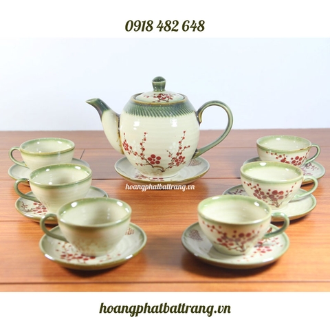 Ấm chén dáng minh long men xanh đồng hoa đào đỏ SP766