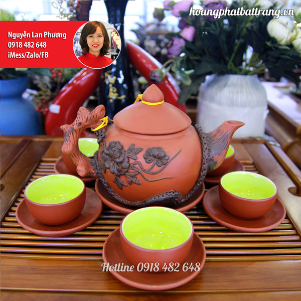 Ấm chén tử sa đắp nổi phù dung phối đen đỏ SP678