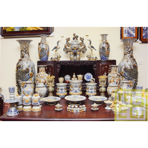 Bộ đồ thờ men rạn đắp nổi cao cấp Bát Tràng