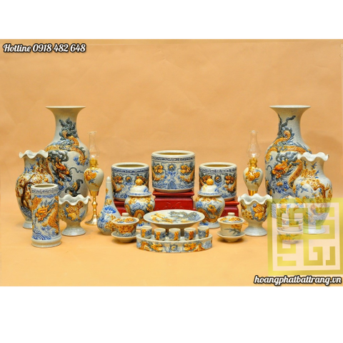 Bộ đồ thờ men rạn đắp nổi rồng cực đẹp Số 8 SP651