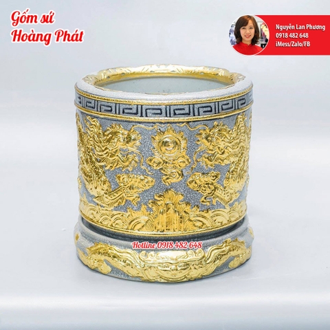 Bát hương dát vàng men rạn đắp nổi Lưỡng Long chầu nguyệt phù hợp ban thờ gia tiên