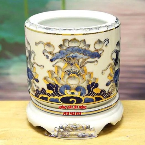 Bát hương men lam vẽ vàng kim Bát Tràng