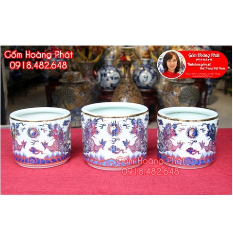Bộ ba bát hương men lam trơn vẽ vàng 24k