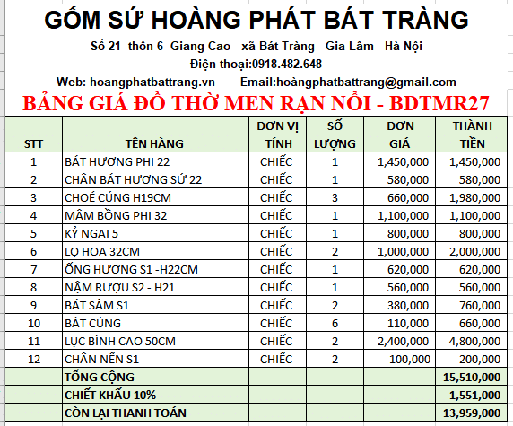 Bộ đồ thờ men rạn đắp nổi bdtmr27