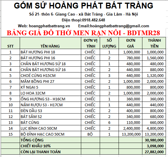 bộ đồ thờ men ran đắp nổi bdtmr28