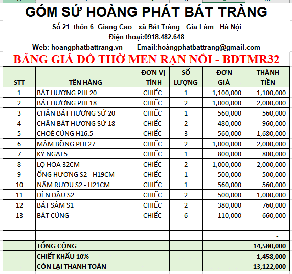 Bộ đồ thờ men rạn đắp nổi Bdtmr32