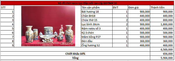 Bộ đồ thờ men rạn đắp nổi cao cấp BĐTMR10