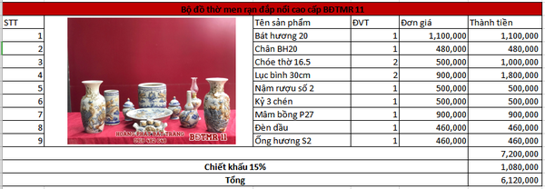 Bộ đồ thờ men rạn đắp nổi cao cấp BĐTMR11