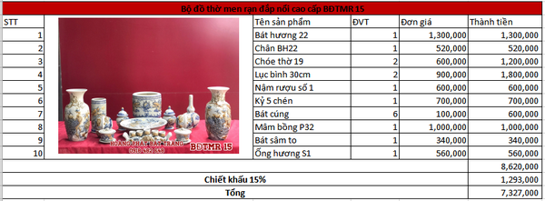 Bộ đồ thờ men rạn đắp nổi cao cấp BĐTMR15