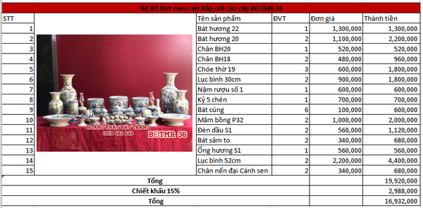 Bộ đồ thờ men rạn đắp nổi cao cấp BDTMR36