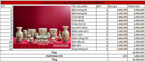 Bộ đồ thờ men rạn đắp nổi vàng kim cao cấp Bát Tràng BDTMRVK02