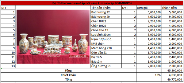 Bộ đồ thờ men rạn đắp nổi vàng kim cao cấp Bát Tràng BDTMRVK06