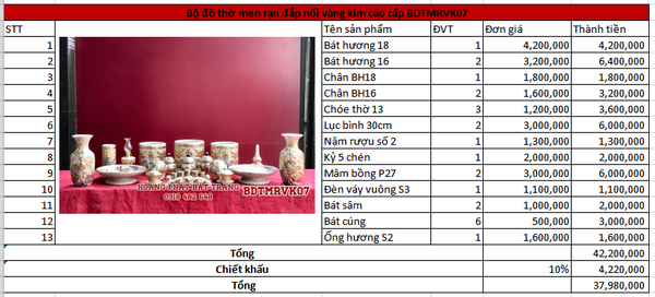 Bộ đồ thờ men rạn đắp nổi vàng kim cao cấp Bát Tràng BDTMRVK07