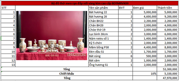 Bộ đồ thờ men rạn đắp nổi vàng kim cao cấp Bát Tràng BDTMRVK09