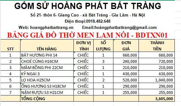 Bộ đồ thờ men xanh nổi Bát Tràng DTXN01