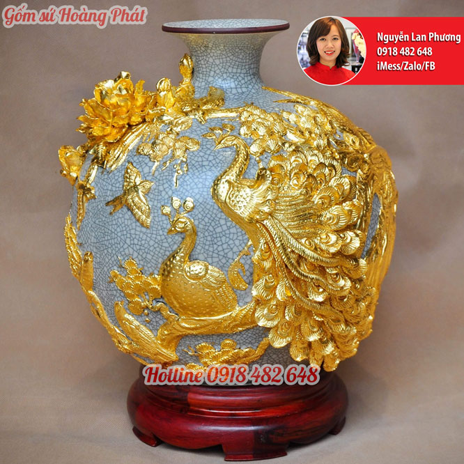 Bình hút lộc Công danh phú quý vàng H30cm 9999, gốm sứ dát vàng cao cấp