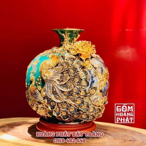 Bình hút tài lộc công đào phú quý xanh lục mạ vàng cao cấp