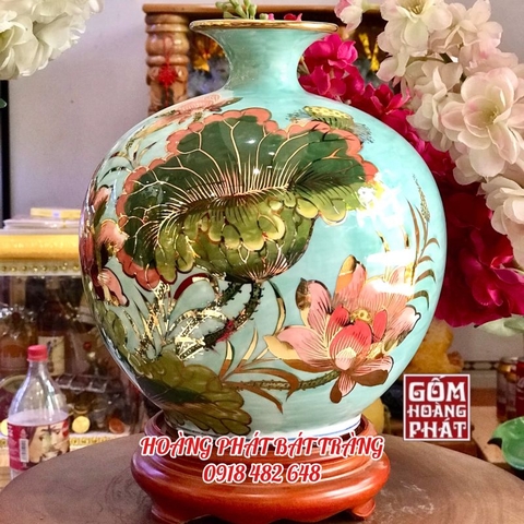 binh hut tai loc hoa sen vang kim nen xanh h25 2
