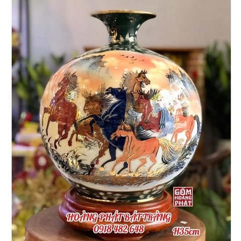 Bình hút tài lộc nhị cảnh Thuận buồm xuôi gió & Bát Mã Thành Công vàng kim 3D H35