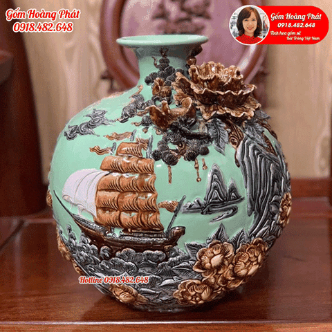 Bình hút tài lôc Thuận buồm xuôi gió men xanh ngọc đắp nổi H35cm