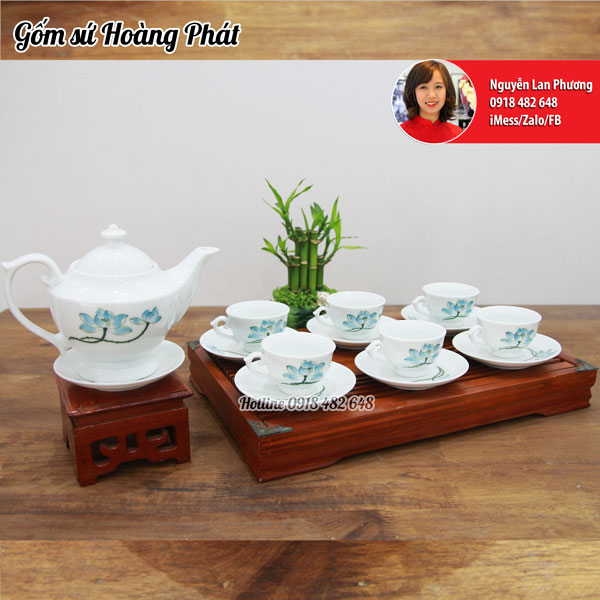 Ấm chén Bát Tràng hoa sen xanh SP