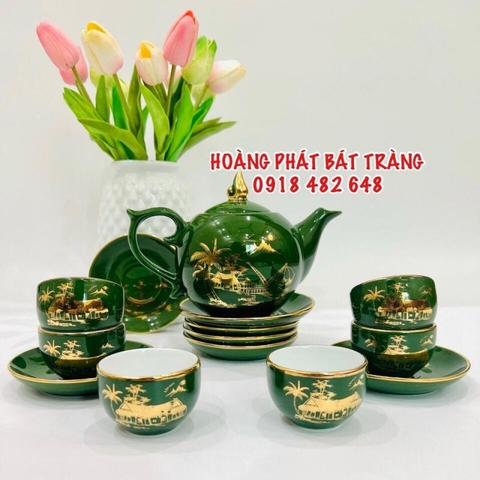 Bộ ấm chén dáng bưởi vẽ đồng quê xanh ngọc lục bảo vàng kim