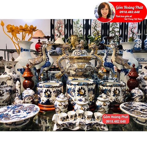 Bộ đồ thờ men lam rồng nổi vẽ vàng kim cao cấp Bát Tràng