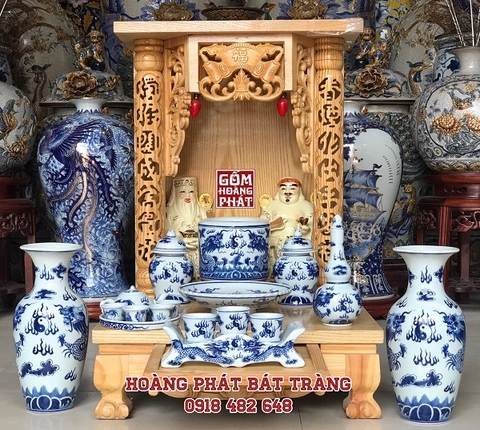Bộ đồ thờ Ban thờ thần tài men lam Bát Tràng