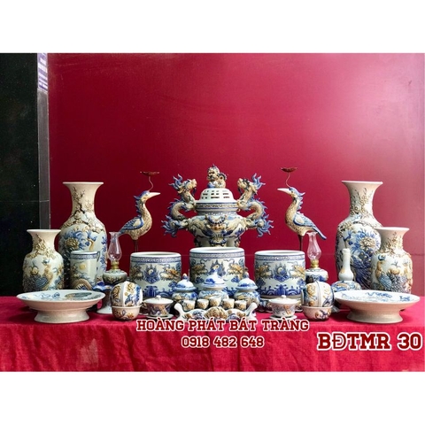 Bộ đồ thờ cao cấp men rạn đắp nổi Bát Tràng cho ban thờ 2m17