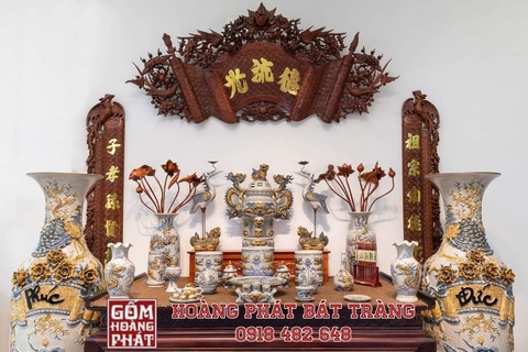 Bộ đồ thờ men rạn đắp nổi cao cấp đầy đủ ban thờ gia tiên