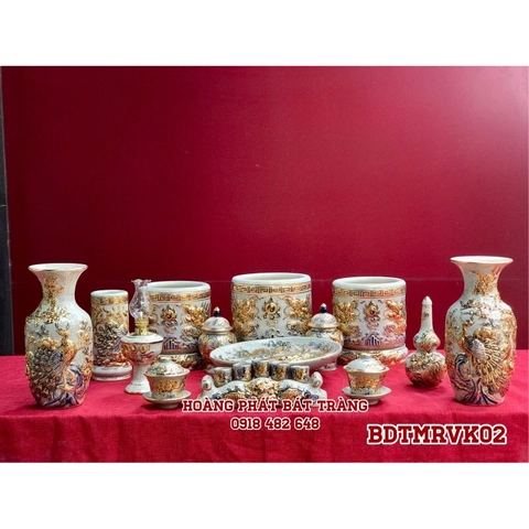 Bộ đồ thờ men rạn đắp nổi vẽ vàng kim cao cấp BDTMRVK02
