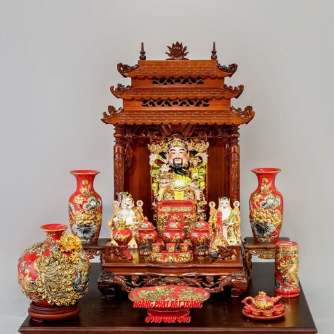 Bộ đồ thờ bàn thờ thần tài Bát Tràng màu đỏ đắp nổi vẽ vàng