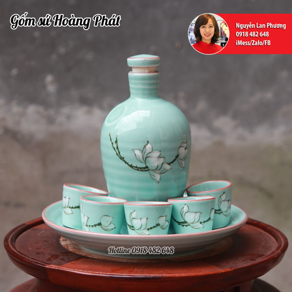 Bộ nậm rượu men xanh hoa sen 6 chén