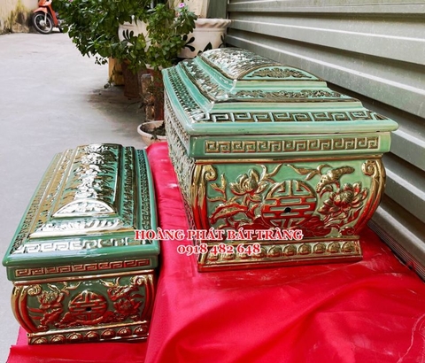 Bộ quách tiểu sứ Bách Liên Hoa màu xanh ngọc mạ vàng
