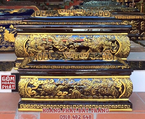 Bộ quách tiểu sứ men nâu cổ vẽ tứ linh nhũ vàng