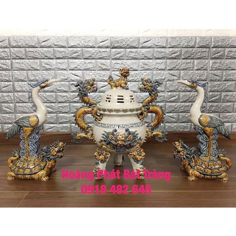 Bộ đồ thờ cúng Phật men rạn đắp nổi gốm Bát Tràng - Đỉnh thờ đắp nổi men rạn kỹ cao cấp