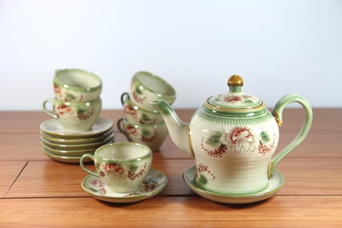 Ấm chén chóe hoa phù dung - Gốm sứ Bát Tràng
