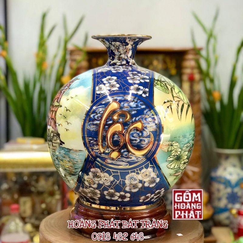 Đèn dầu thờ chân đồng dáng quả lê men rạn